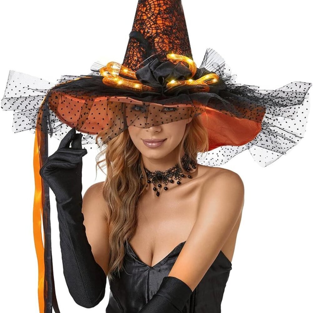 Halloween Women Witch Hat with LED Lights Costume Gauze Feathers Spiders Decorat